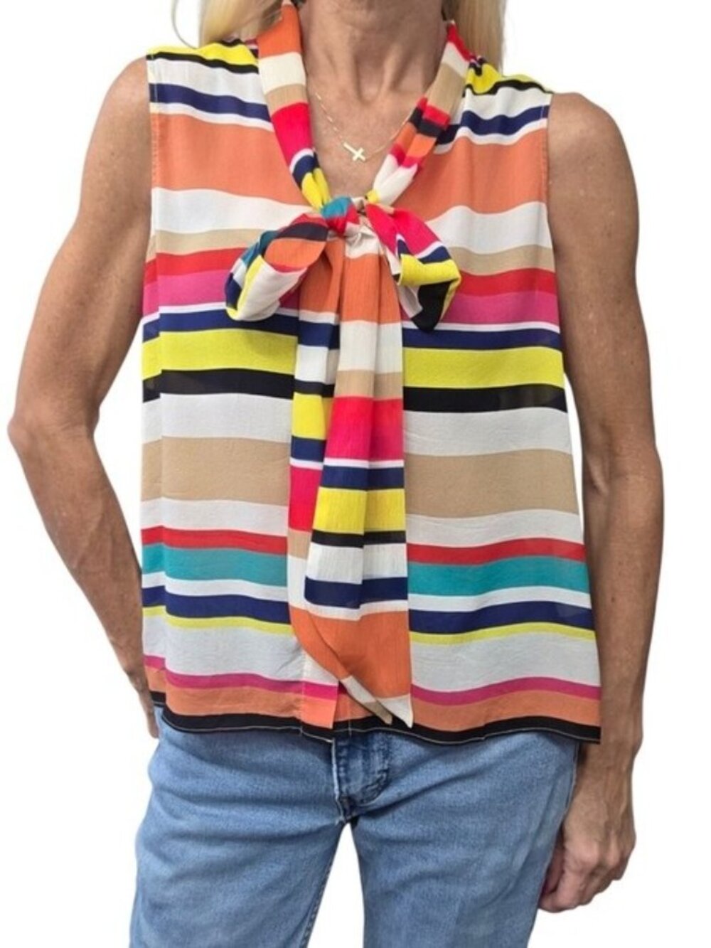 Alice + Olivia Silk Multicolor Stripe Tie Neck Blouse S